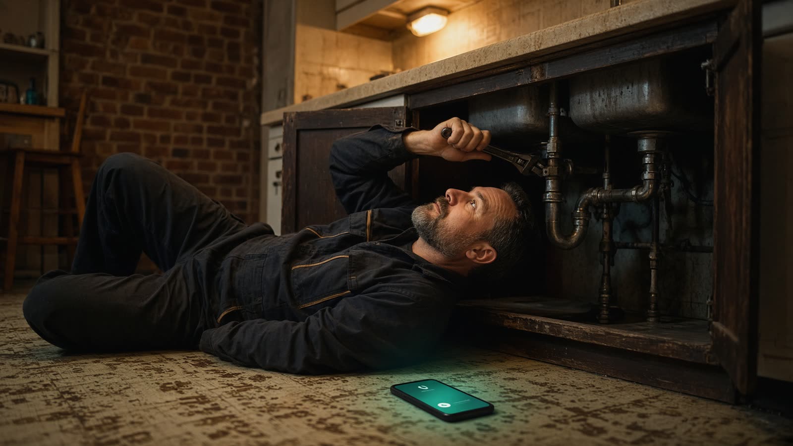 A technician at work while the phone still gets answered
